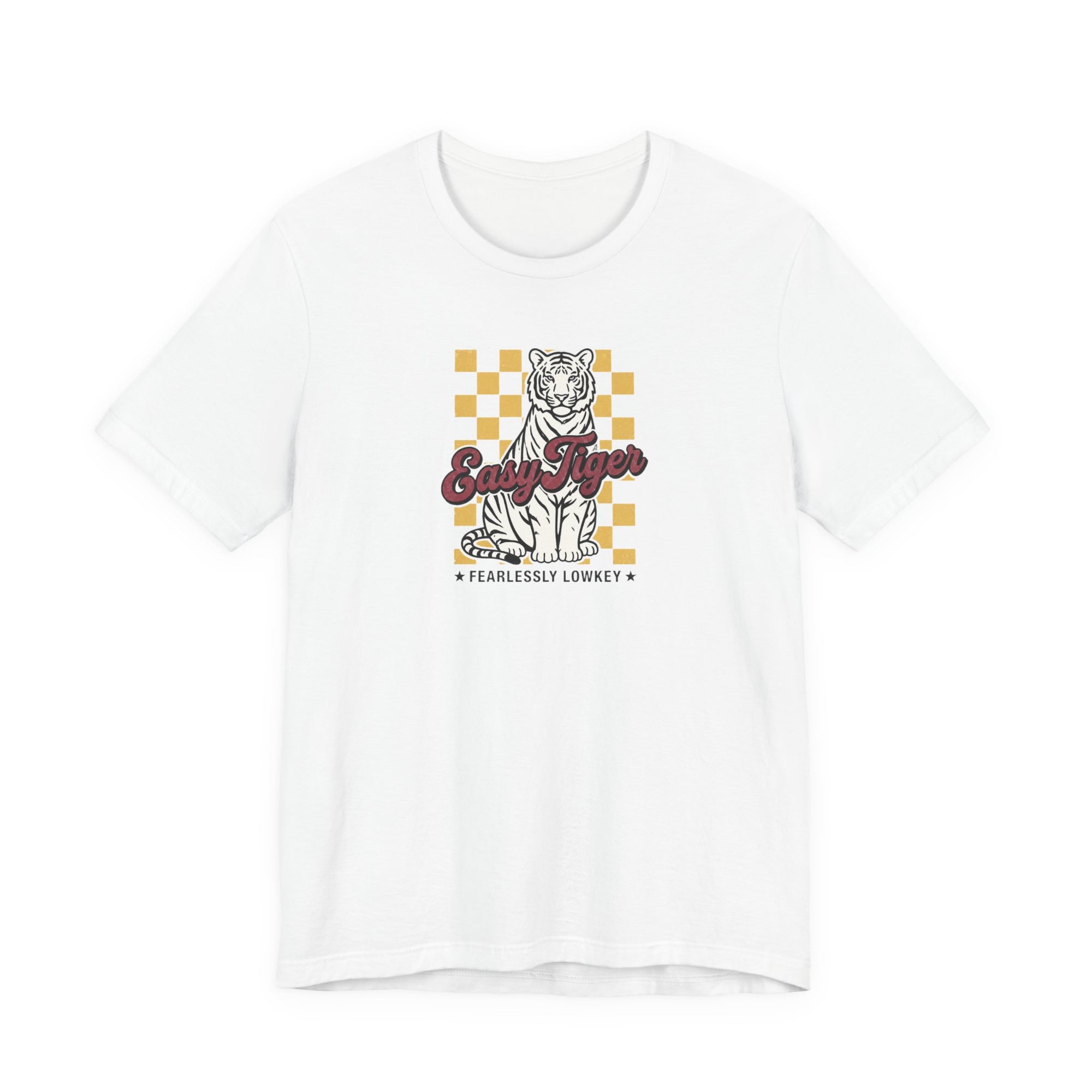 White Easy Tiger graphic T-shirt with a retro tiger illustration