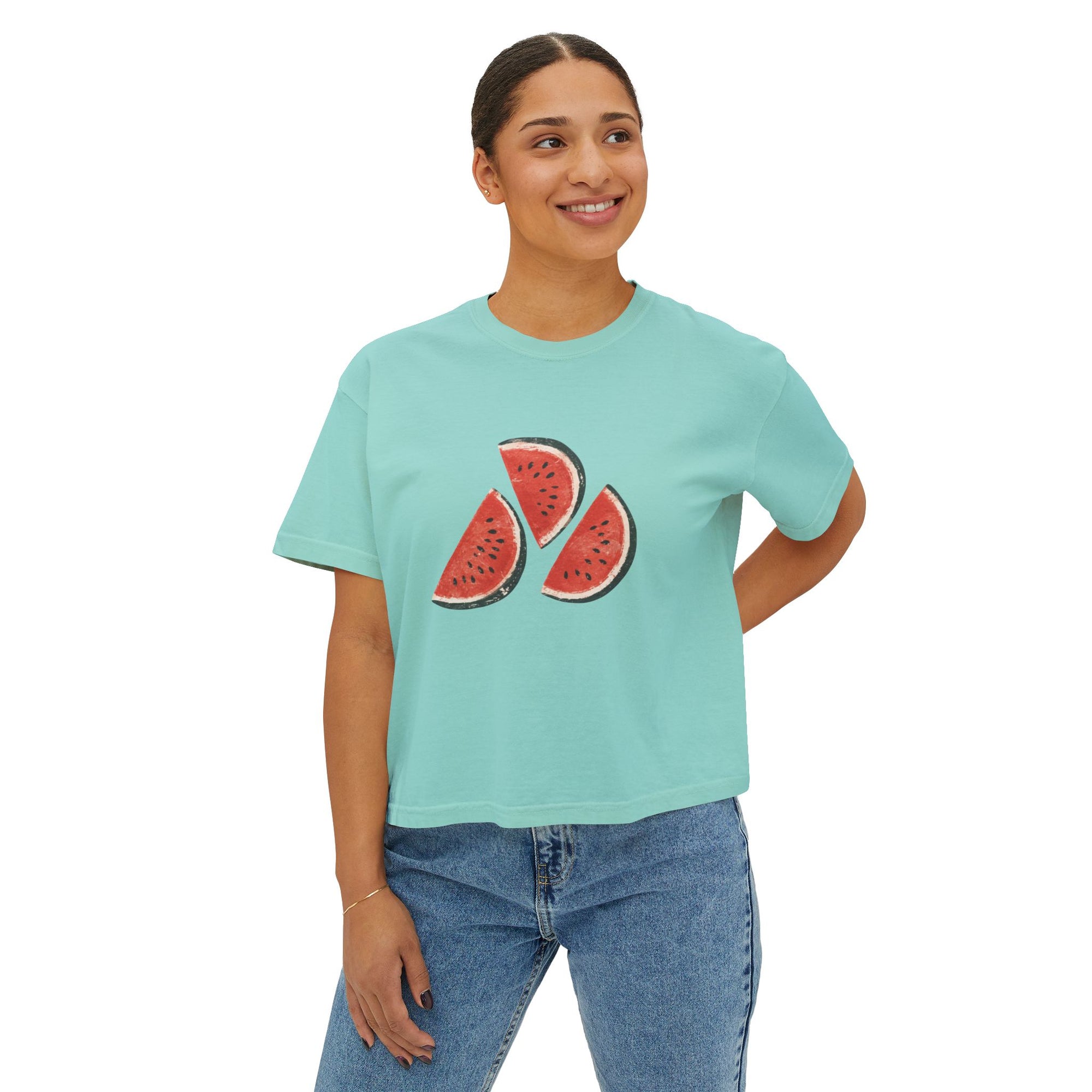 Women's Boxy Tee — Watermelon Slice Graphic Tee, Summer Striped Fruit Top
