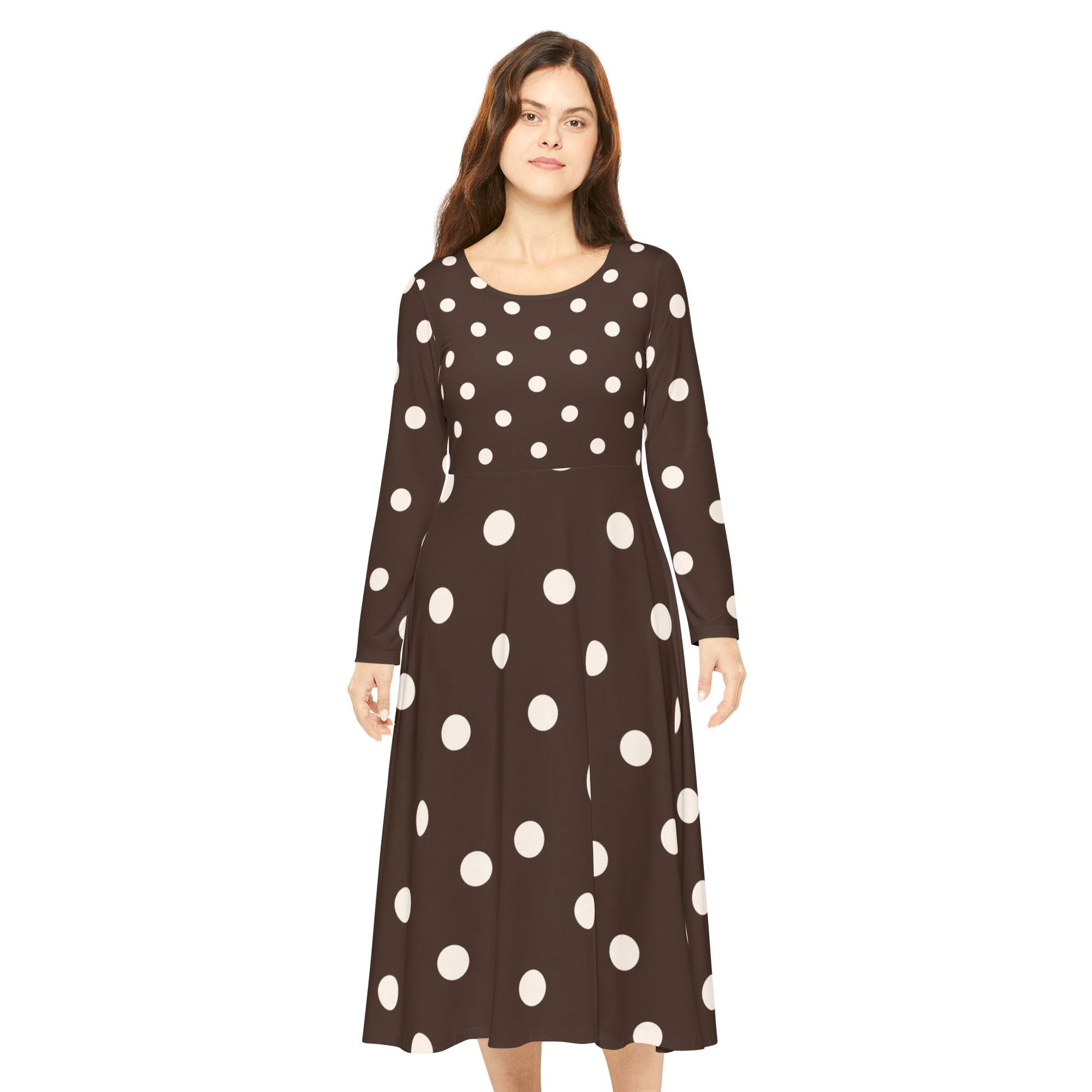 Brown polka dot long-sleeve retro fit-and-flare dress on a model
