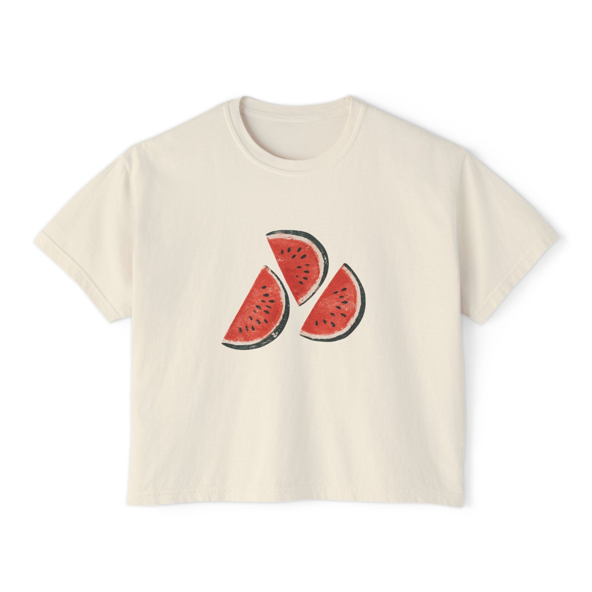Women's Boxy Tee — Watermelon Slice Graphic Tee, Summer Striped Fruit Top