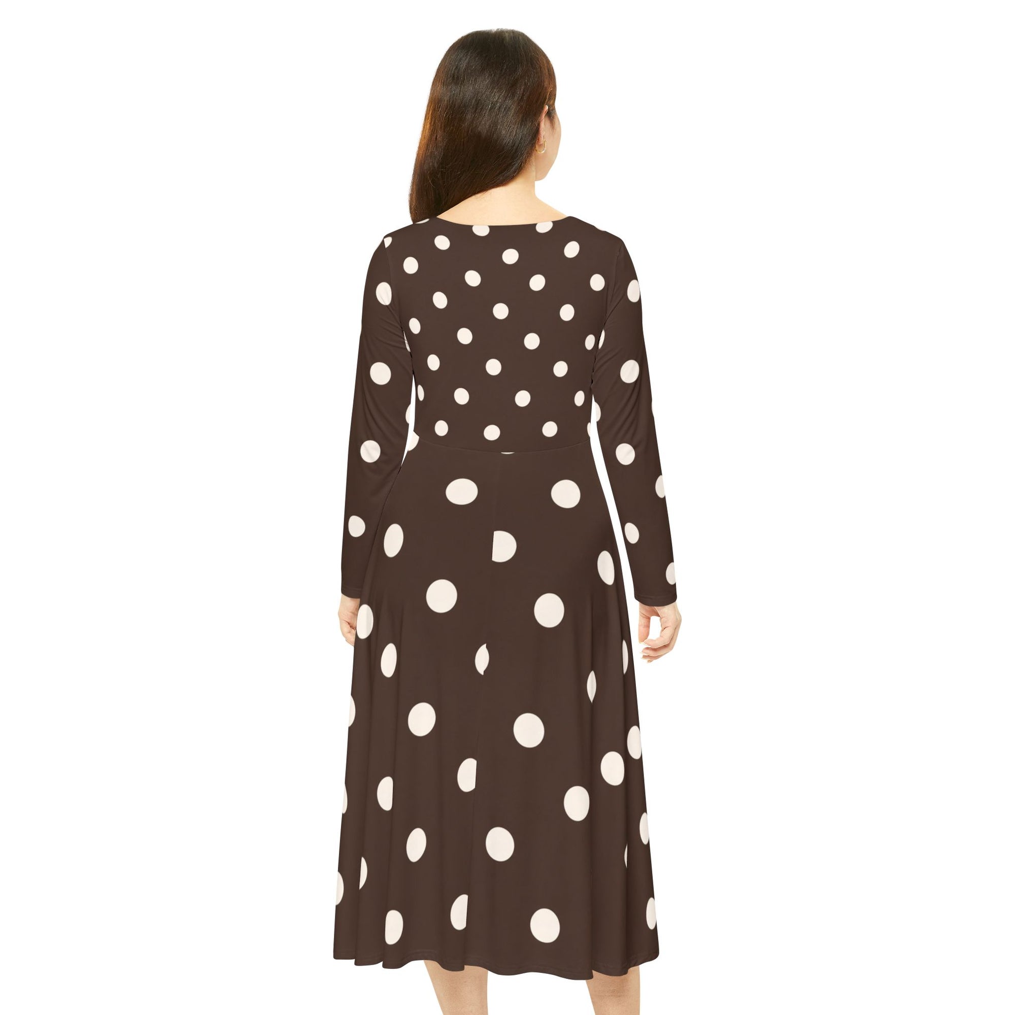 Brown Polka Dot Long-Sleeve Dance Dress — Retro 1950s Fit & Flare