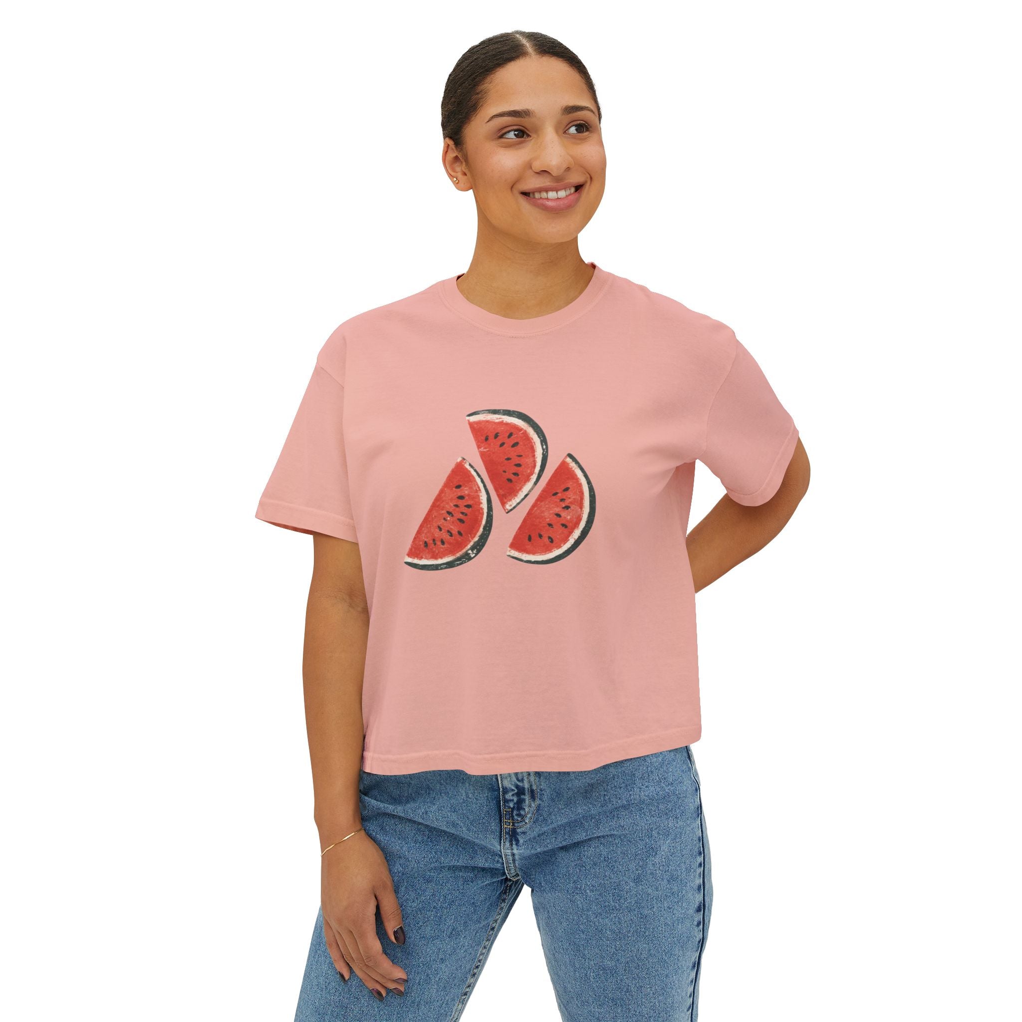 Women's Boxy Tee — Watermelon Slice Graphic Tee, Summer Striped Fruit Top