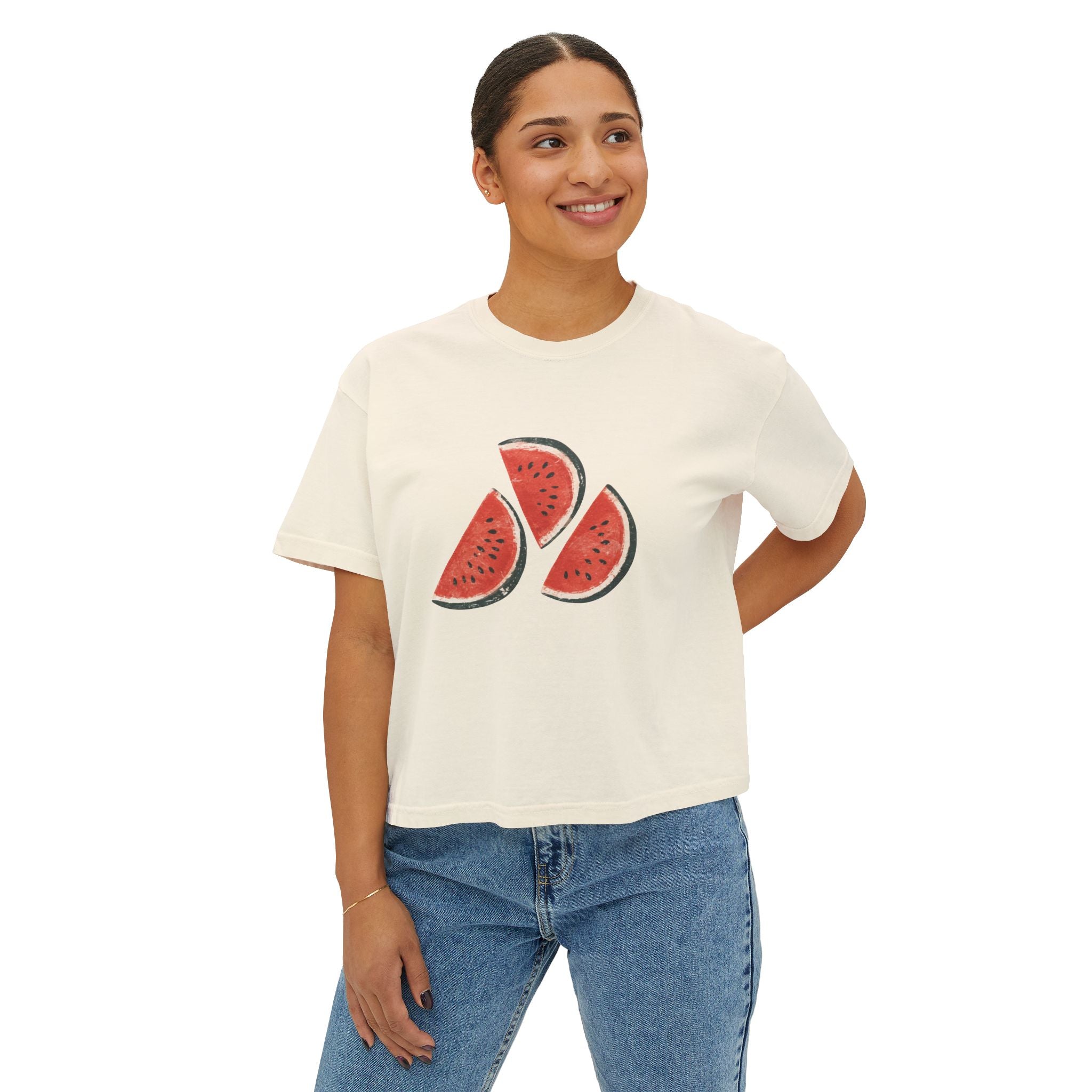 Women's Boxy Tee — Watermelon Slice Graphic Tee, Summer Striped Fruit Top