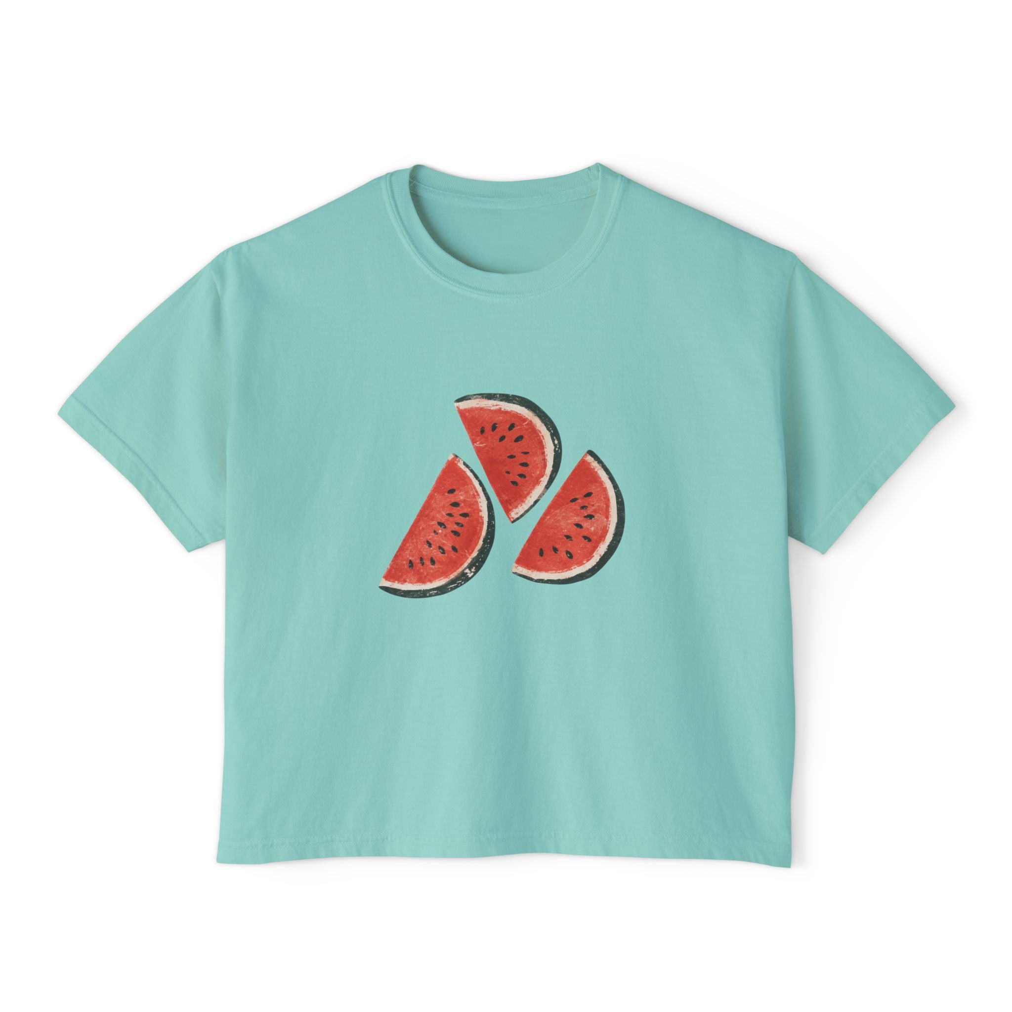Women's Boxy Tee — Watermelon Slice Graphic Tee, Summer Striped Fruit Top