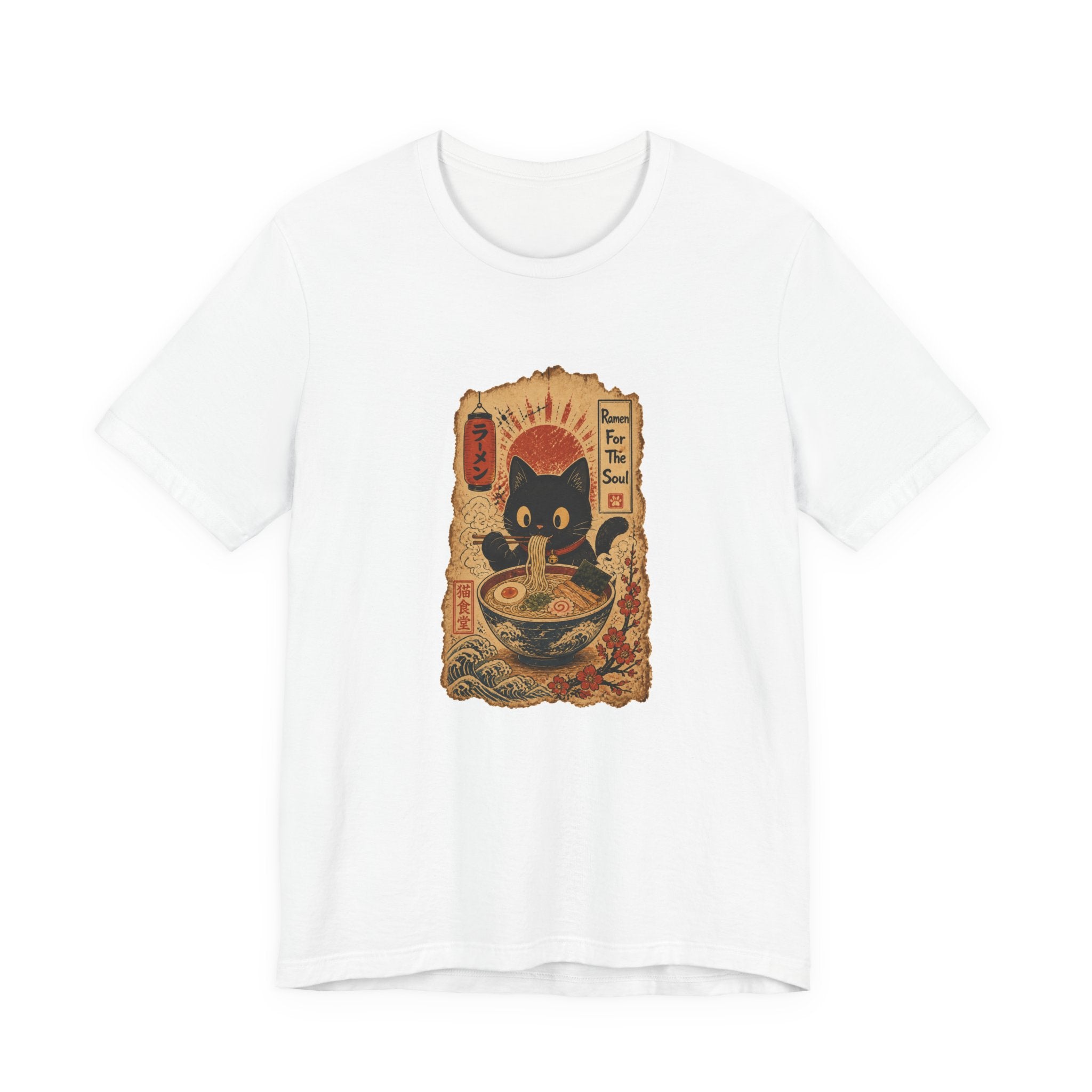 White Ramen Cat graphic T-shirt with Japanese lucky cat artwork