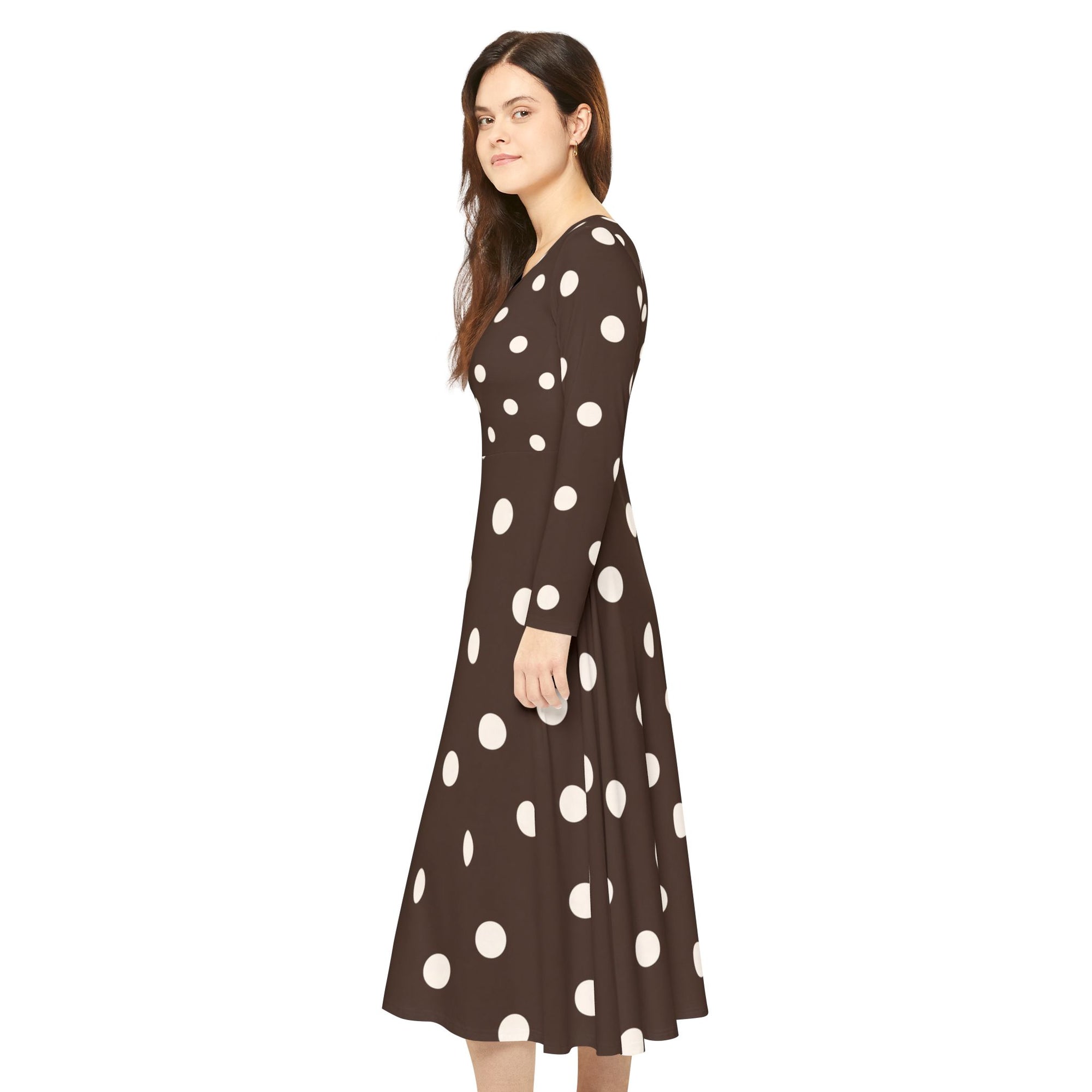 Brown Polka Dot Long-Sleeve Dance Dress — Retro 1950s Fit & Flare