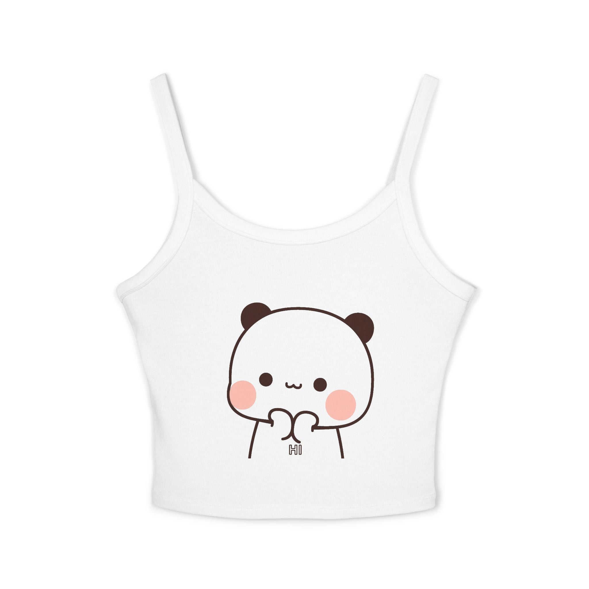 Cute Panda Heart kawaii crop tank top with hand-drawn panda graphic, spaghetti strap, front view