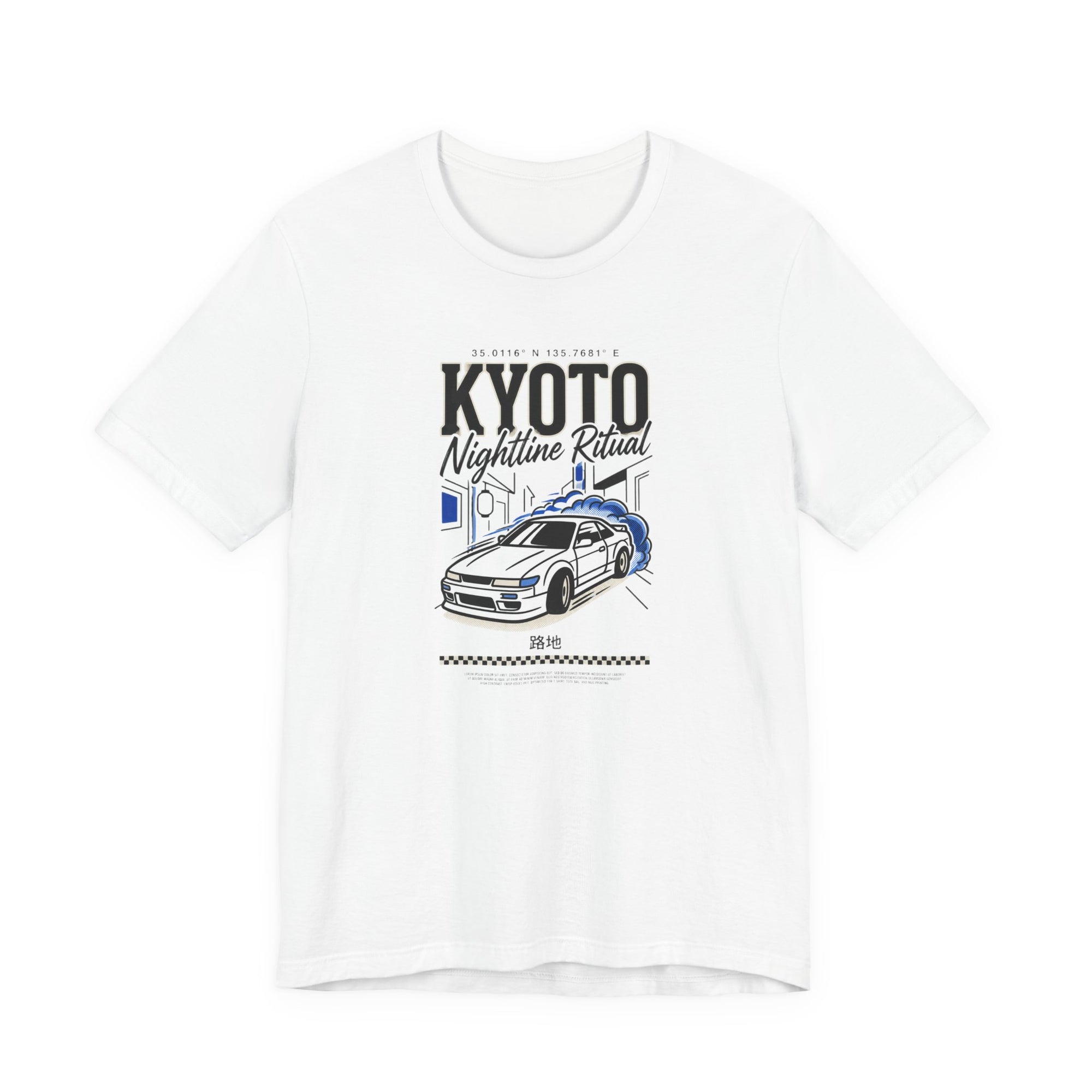 White Kyoto drift car graphic T-shirt with Japanese city artwork