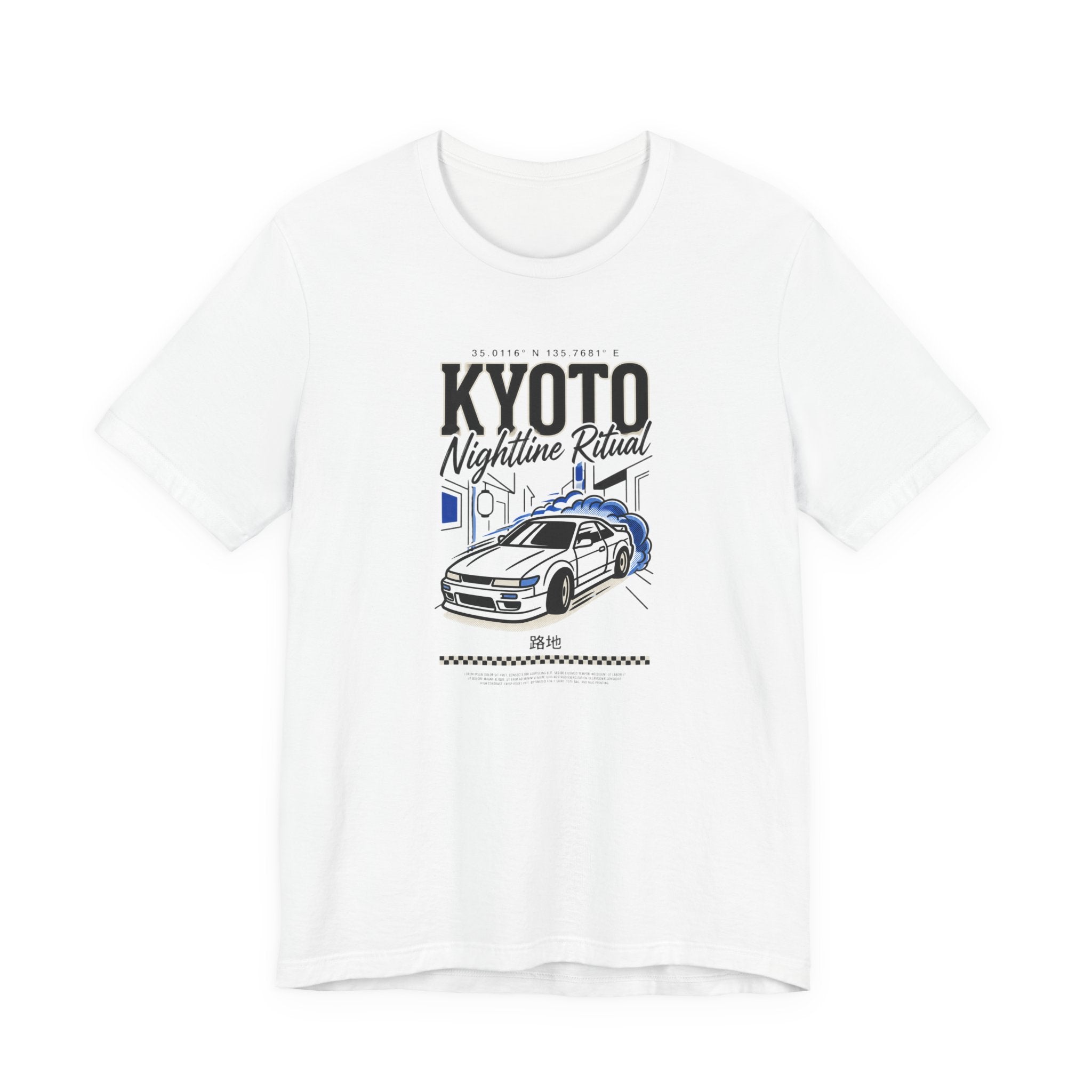 White Kyoto drift car graphic T-shirt with Japanese city artwork