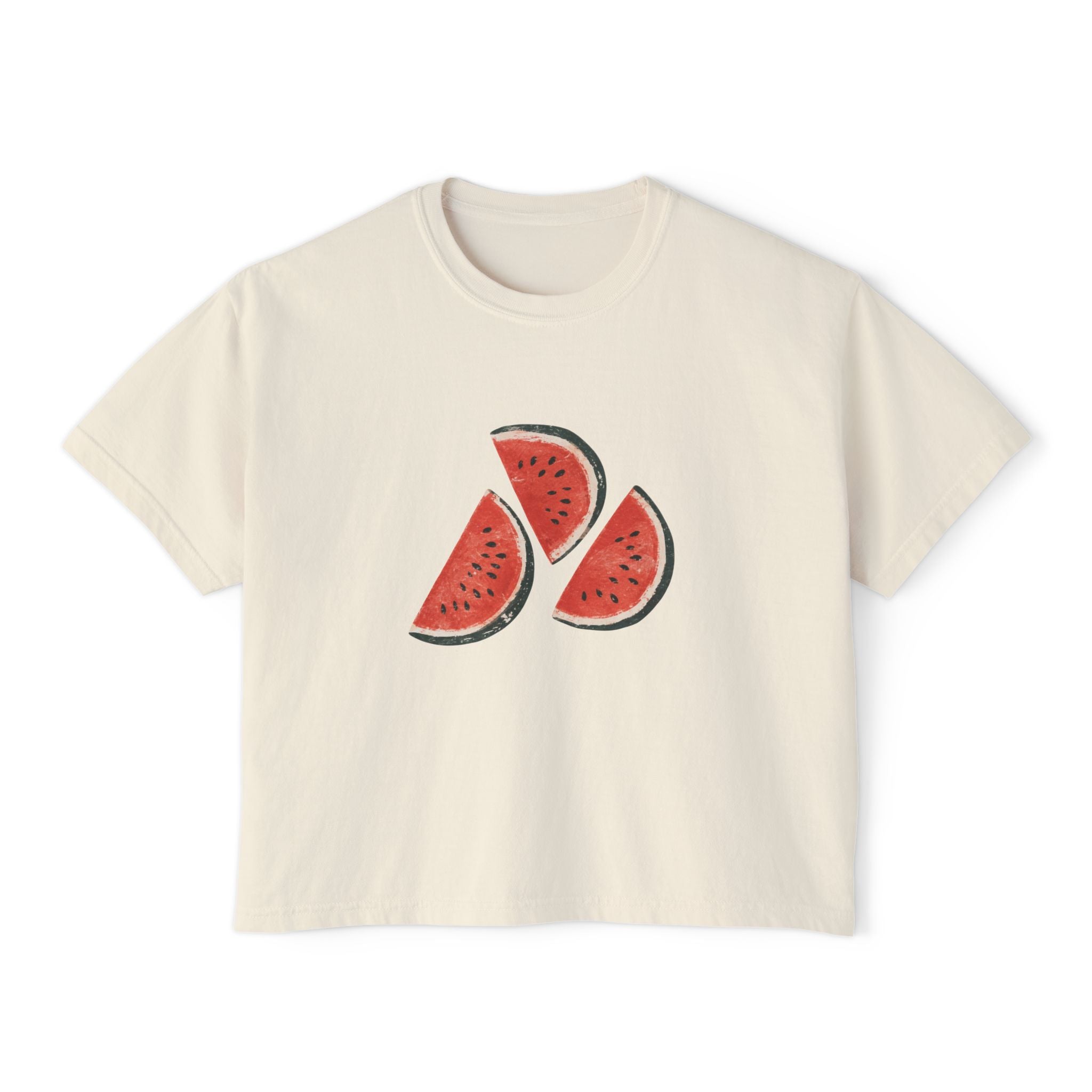 Women's Boxy Tee — Watermelon Slice Graphic Tee, Summer Striped Fruit Top