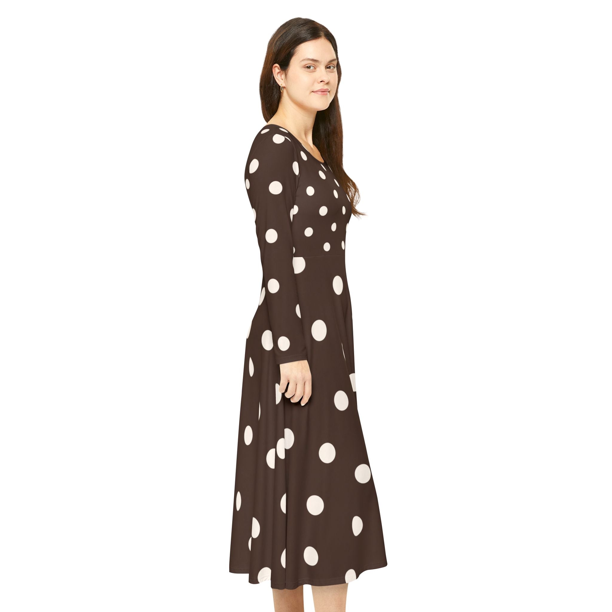 Brown Polka Dot Long-Sleeve Dance Dress — Retro 1950s Fit & Flare