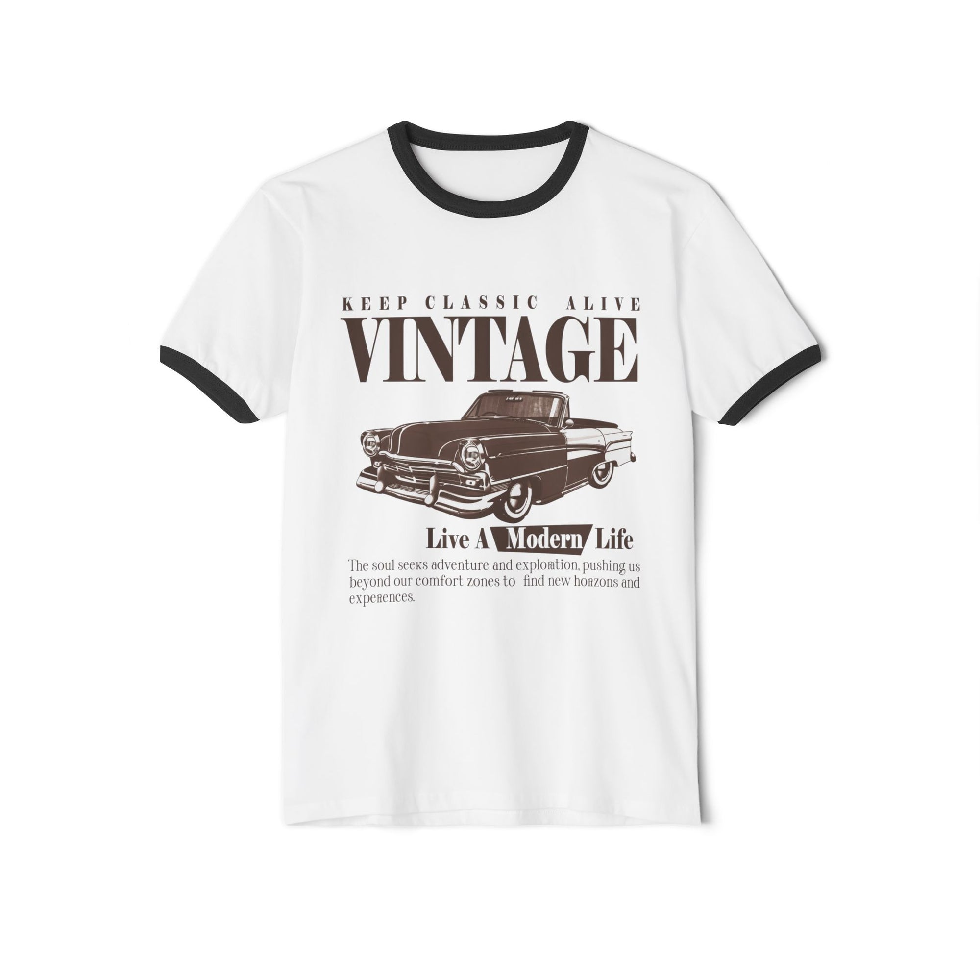 White and black ringer T-shirt with a vintage classic car graphic