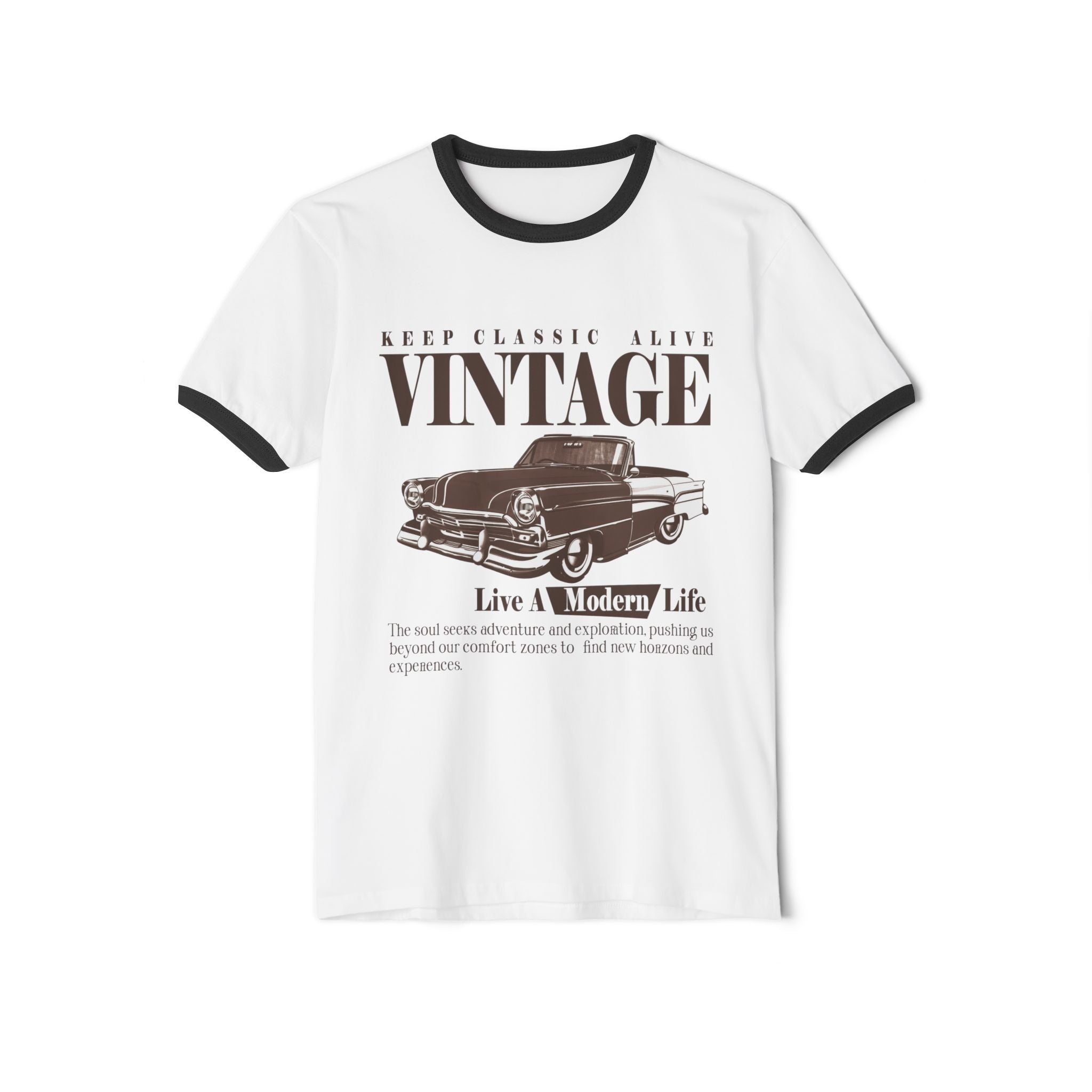 White and black ringer T-shirt with a vintage classic car graphic