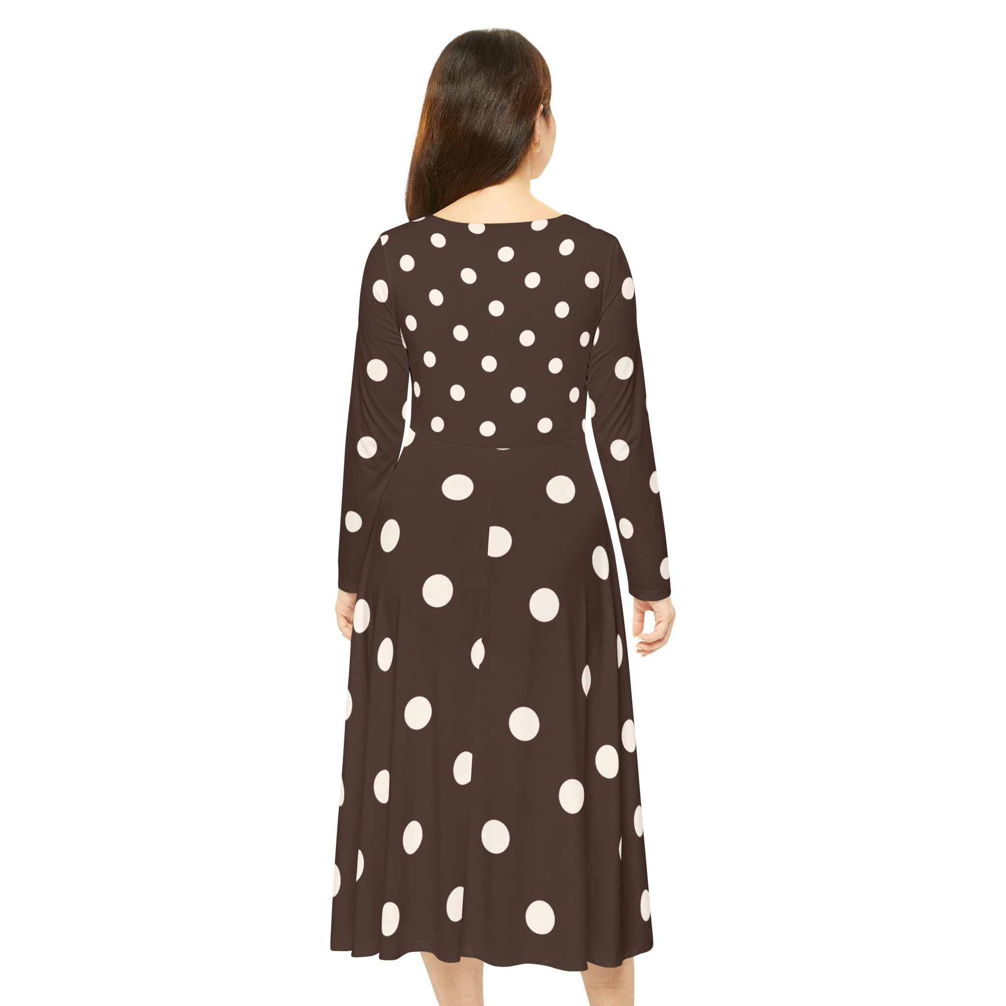 Brown Polka Dot Long-Sleeve Dance Dress — Retro 1950s Fit & Flare